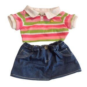 BABW Build A Bear Striped Polo Shirt Denim Skirt Girl Teddy Clothes Outfit